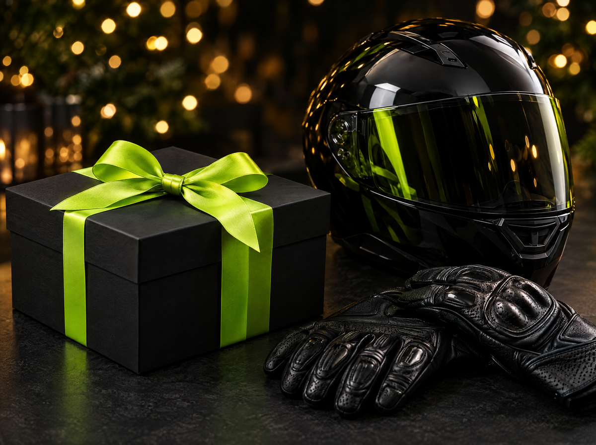 Pacco regalo nero con nastro verde lime accanto a un casco e guanti da moto